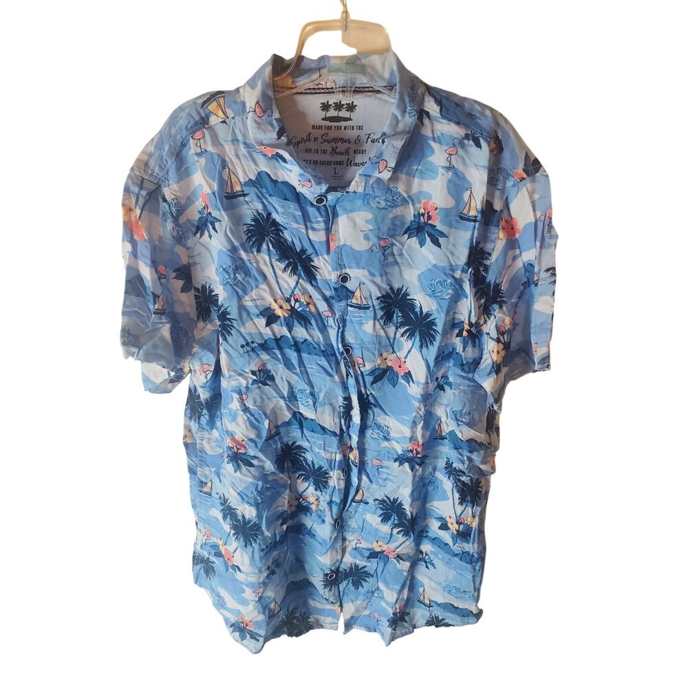 Vacay Spirit Blue Tropical Buttondown Shirt, NWOT, Large